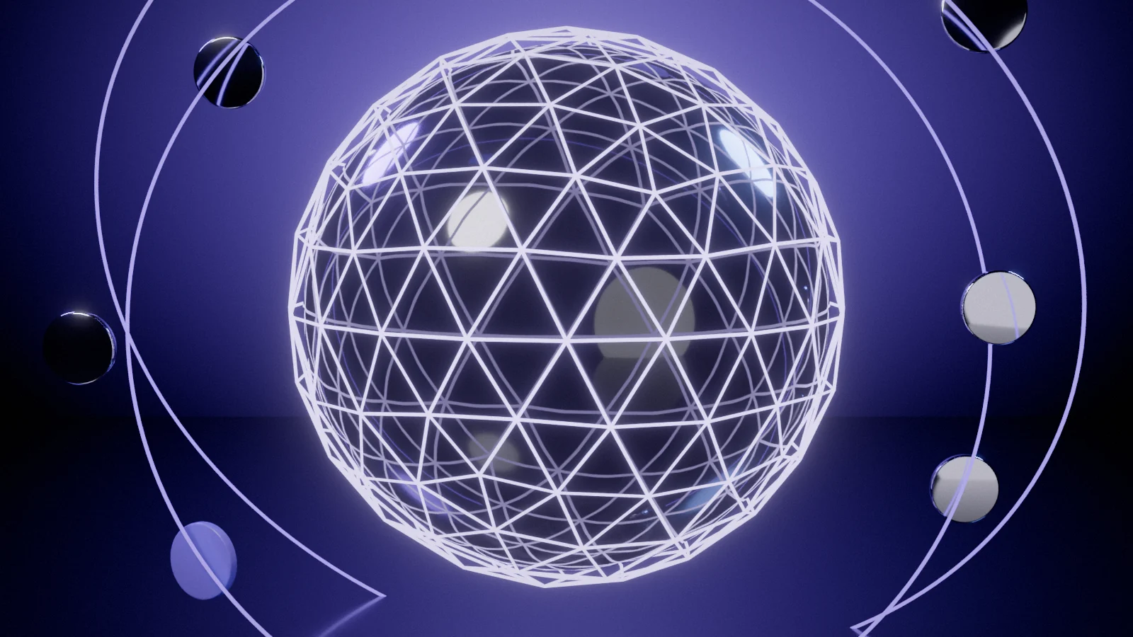 A wireframe globe in orbit