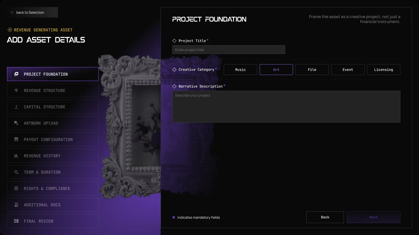 The Launchpad form for a revenue asset, step 1: Project Foundation