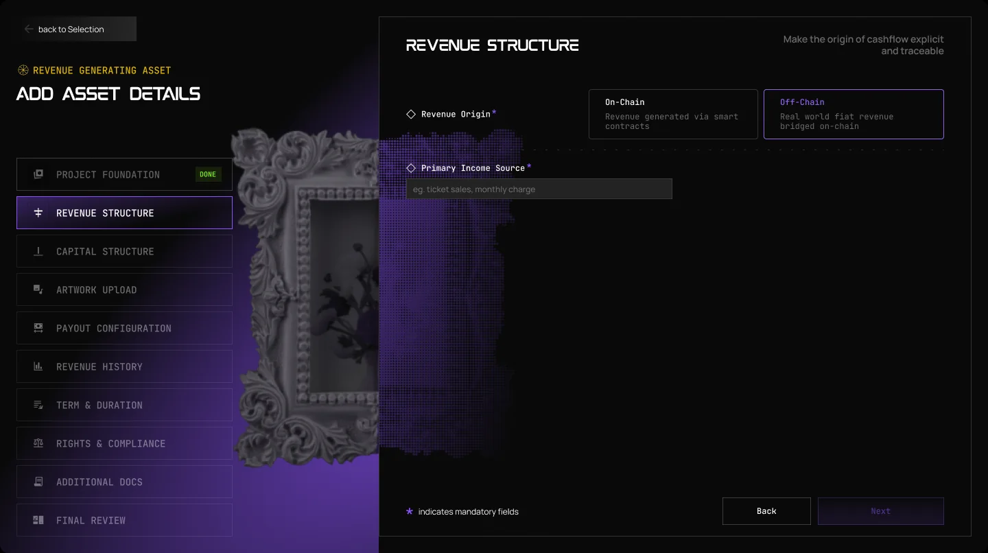 The Launchpad form for a revenue asset, step 2: Revenue Structure
