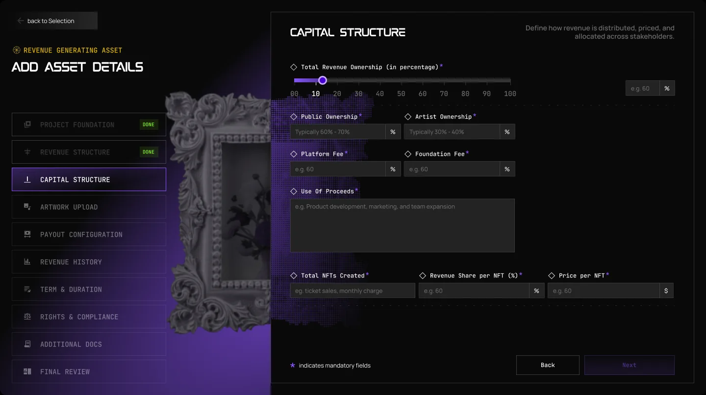 The Launchpad form for a revenue asset, step 3: Capital Structure