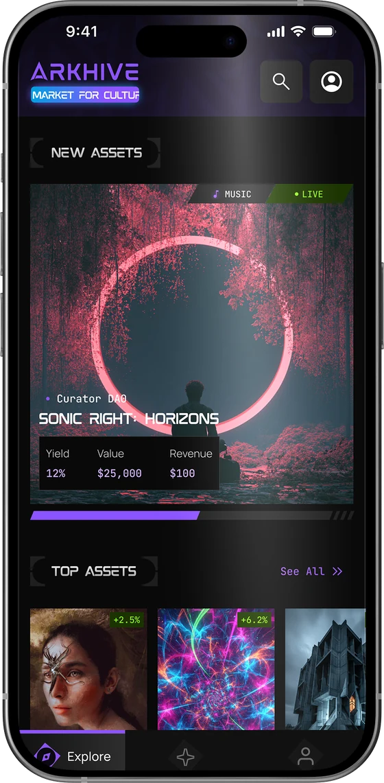 The ARKHIVE app, Explore: new assets with yield, value and revenue, and top assets