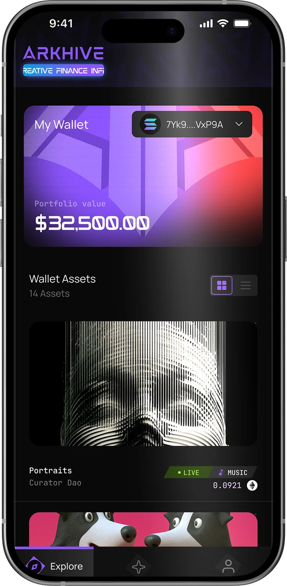 The ARKHIVE app, My Wallet: portfolio value and the assets in the wallet