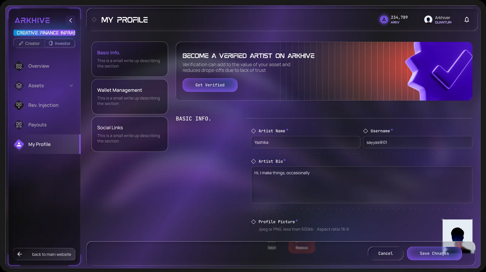 My profile with the Become a verified artist panel